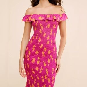 Anthropologie Pink and Yellow Off-Shoulder Midi Dress